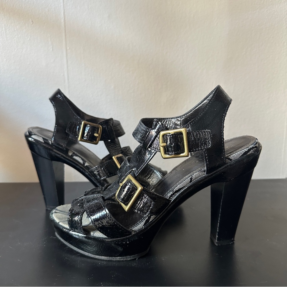 Vintage Coach Black Platform Heeled Sandals With Gold Buckles